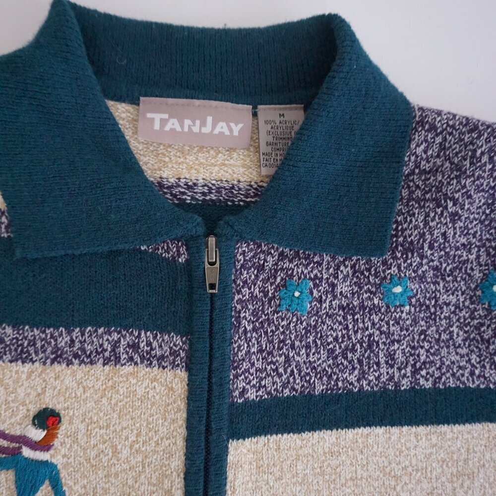 TanJay Teal Purple Patchwork Knit Cardigan Vintage Zip Sweater Grandmacore M - Picture 9 of 9